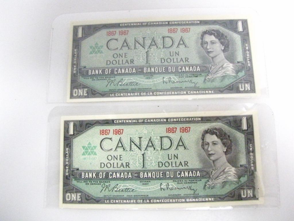 2 UNCIRCULATED CANADIAN CENTENNIAL DOLLAR NOTES