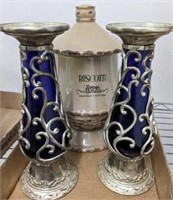 COBALT AND SILVERTONE CANDLE HOLDERS AND BISCOTTI