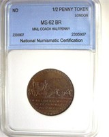 ND 1/2 Penny Token NNC MS62BR Mail Coach Halfpenny