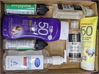 Lot of sunscreen and hand sanitizer