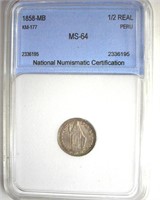 1858-MB 1/2 Real NNC MS64 Peru