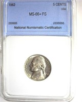 1962 Nickel MS66+ FS LISTS $525
