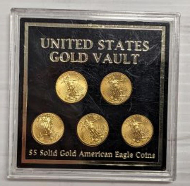 SET OF 5 1/10TH OZ US SOLID GOLD 5$ EAGLE COINS