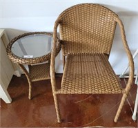 WICKER STYLE CHAIR WITH GLASS TOP TABLE