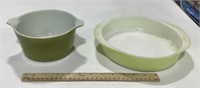 2 green colored Pyrex dishes