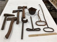 Hay hooks w/axes & cast iron pot