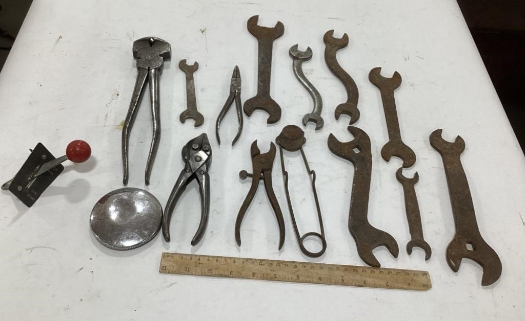 Lot of antique wrenches & fencing pliers