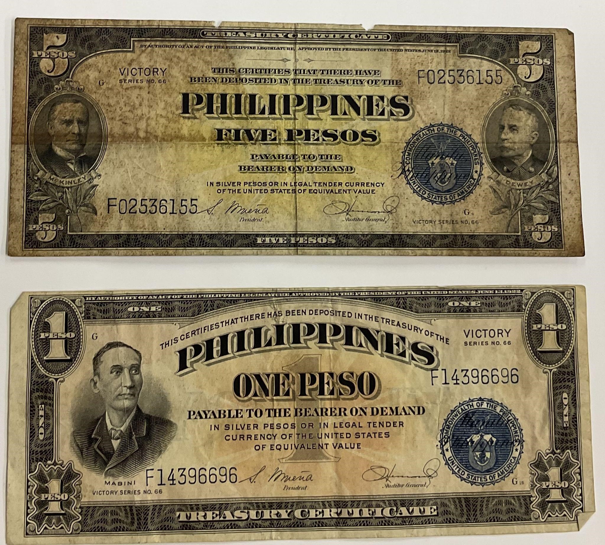 1922 VICTORY PHILIPPINES PESOS BILLS CURRENCY