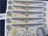 5 - 1973 Canada $1 bill unc, consecutive #'s
