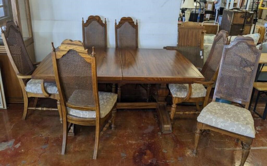 DOUBLE PEDESTAL DINING TABLE, 6 CANE BACK CHAIRS
