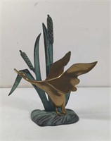 Vintage Brass Flying Goose in Cattails Sculpture
