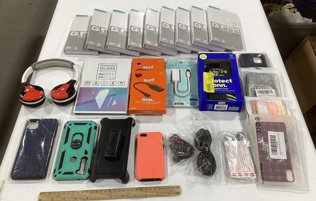 Cell phone lot w/ cases, glass screen protectors
