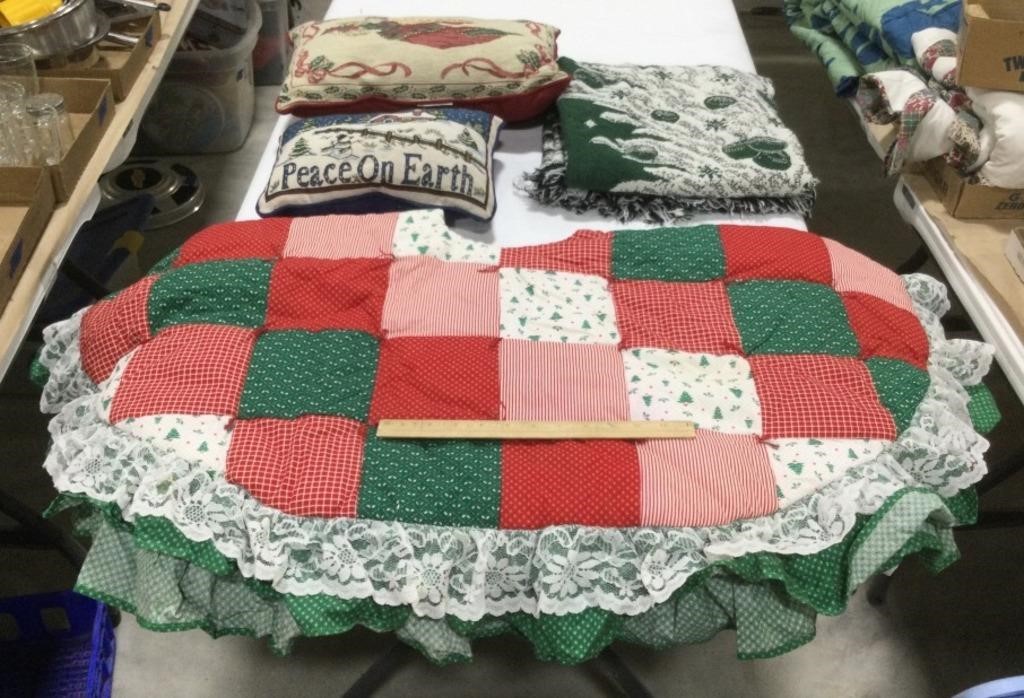 Christmas pillows & tree skirt-stained & blanket