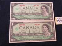 2 - 1967 $1 bill unc, very crisp
