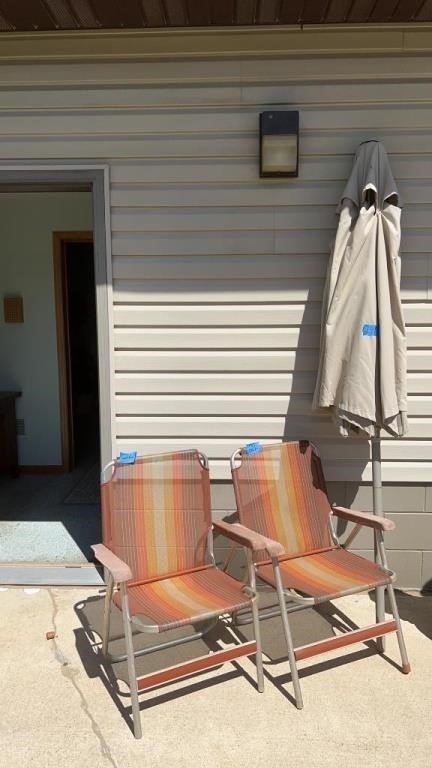 2 folding chairs and patio umbrella (works well)