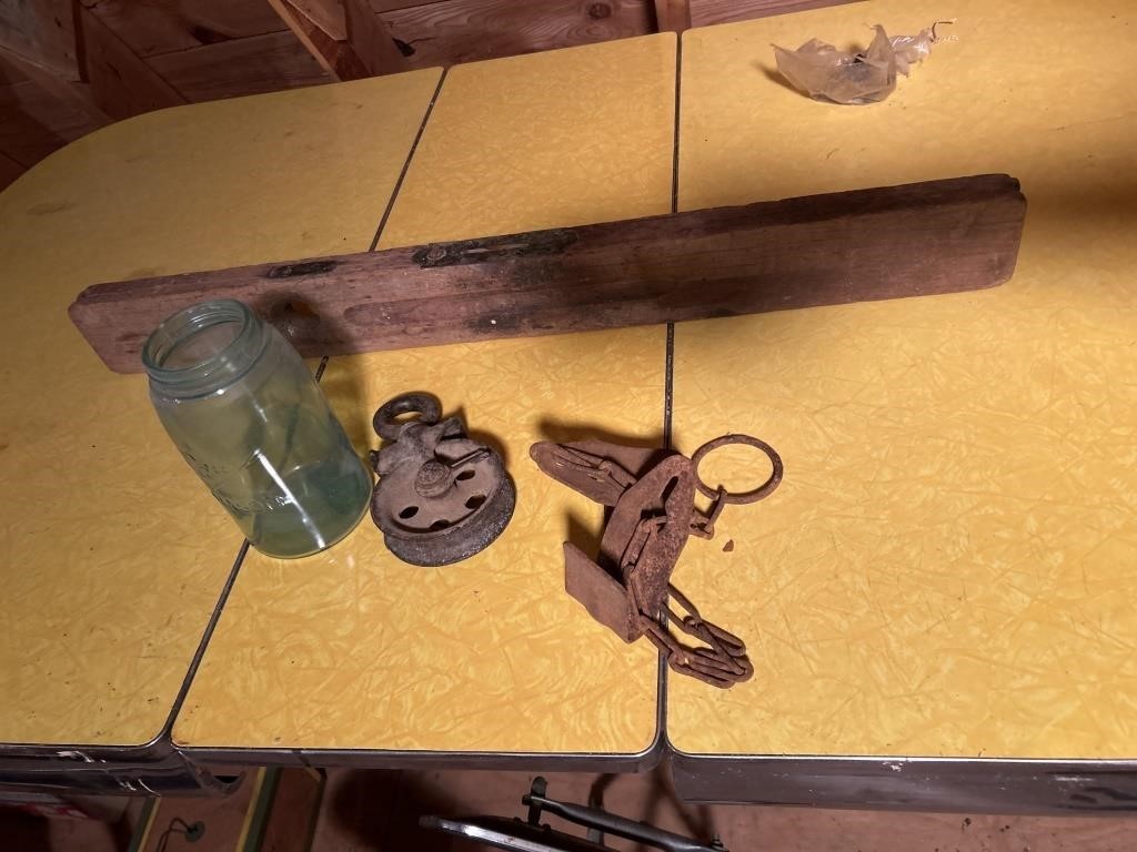 Vtg wood level, pulley, blue jar, cow kickers