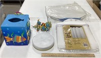 Misc lot w/ shower curtain, curtain holders, &