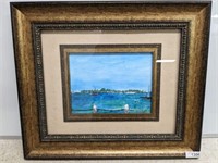 FRAMED AND MATTED WATER COLOR HABOR SCENE