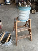 Vtg mop bucket, gas can and wood ladder