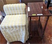 2 TIER SIDE TABLE, UPHOLSTERED CHAIR