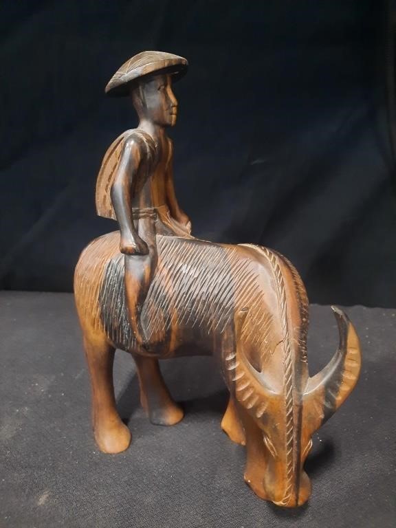 Hand Carved Wood Man on Ox