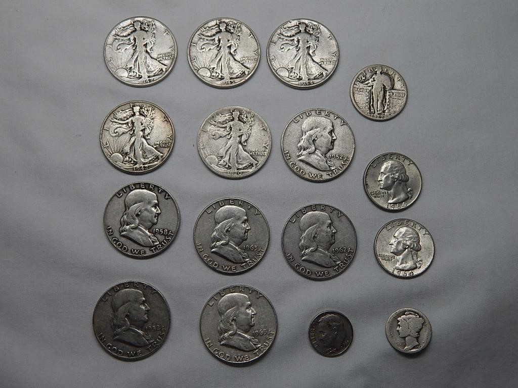 Lot of 90% Silver Coins Halves, Quarters Dimes