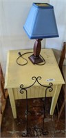 PAINTED SIDE TABLE, PLATE RACK, LAMP