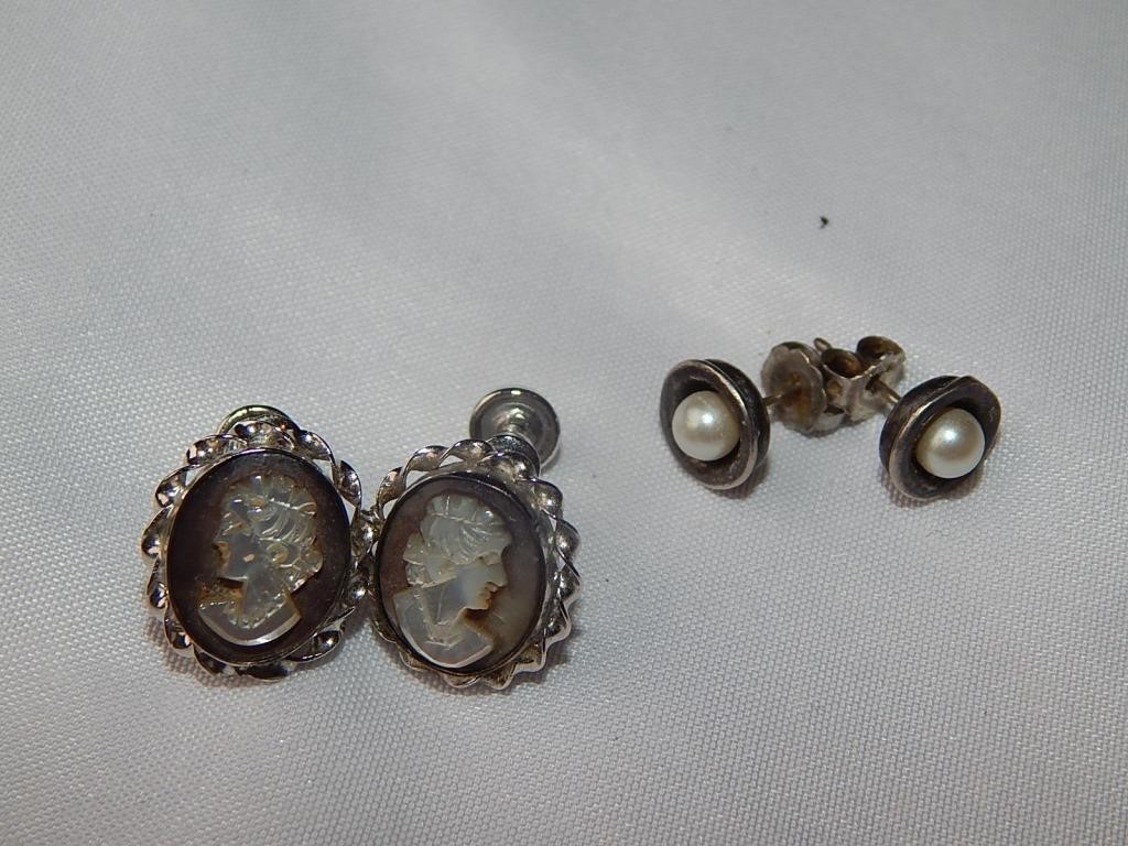 Carved Abalone Cameo and Pearl Sterling Earrings