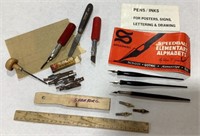 Wood working tools w/calligraphy pens
