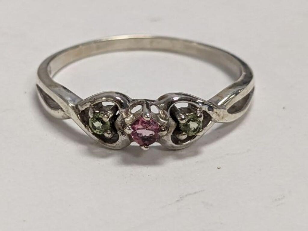 925 SZ7 WITH GREEN AND PINK STONE RING