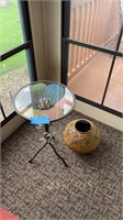 Metal base table with glass top & metal vase