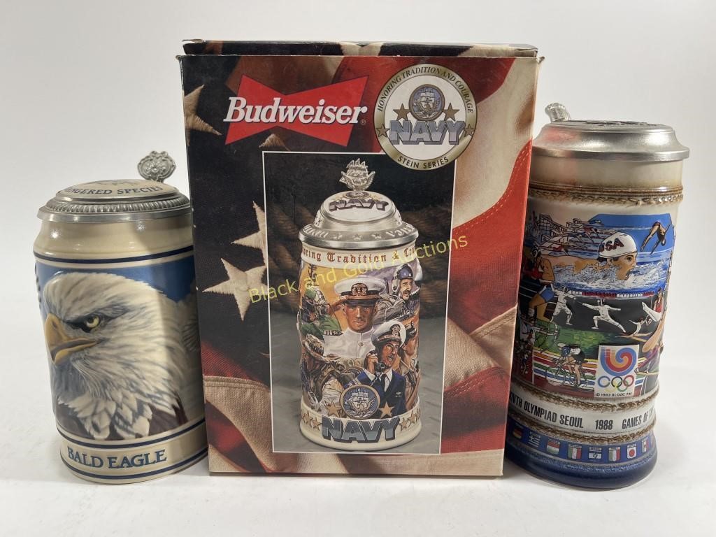 (3) Collectable Budweiser Steins Olympics, NAVY