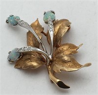 14k Gold, Diamond And Opal Floral Design Brooch