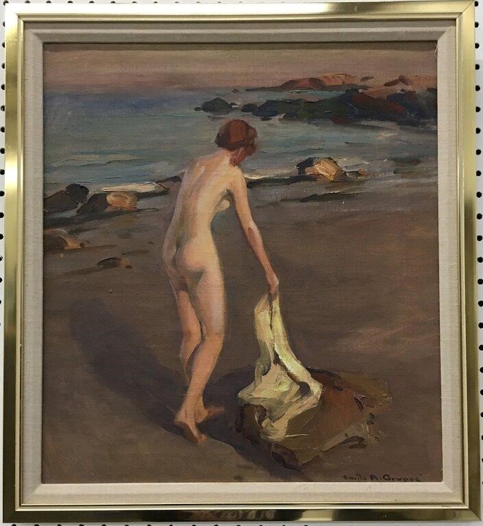 Emile A Gruppe Oil On Canvas Of Nude, The Bather