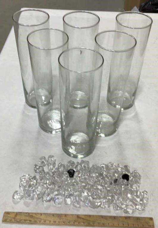 6 glass vases 11in tall w/filler