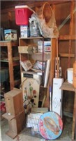 Contents of shelving unit includes birdhouse,