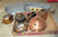 Copper tea pots, lantern, carriage