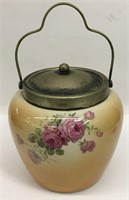 English Biscuit Jar With Silver Plate Lid