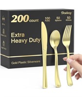 New 200 Count Heavy Duty Gold Plastic Silverware,
