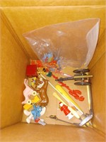 Box Lot of Small Toy Figures, Metal Cannon,