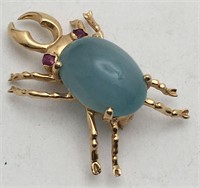 14k Gold And Jade Crab Pin With Ruby Eyes