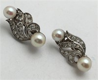 14k White Gold, Pearl & Diamond Earrings