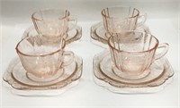 4 Pink Depression Glass Cups And Saucers