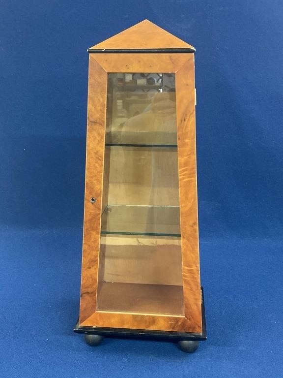 Wooden display with glass shelves, 22” tall