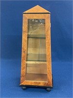 Wooden display with glass shelves, 22” tall