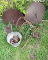(2) Antique buzz saws, tractor seat, hitch parts