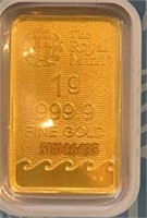 1g 999.9 Fine Gold Bar Ser#SB046435