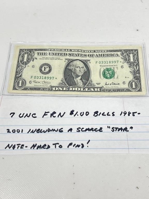 7 Unc Frn $1.00 Bills 1985-2001, Includes a