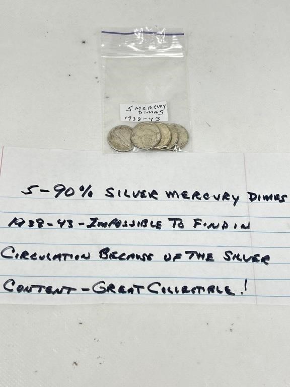 5 90% Silver Mercury Dimes, 1938-1943, Very Rare