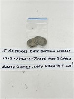5 Restored Date Buffalo Nickels, 1913-1920’s,